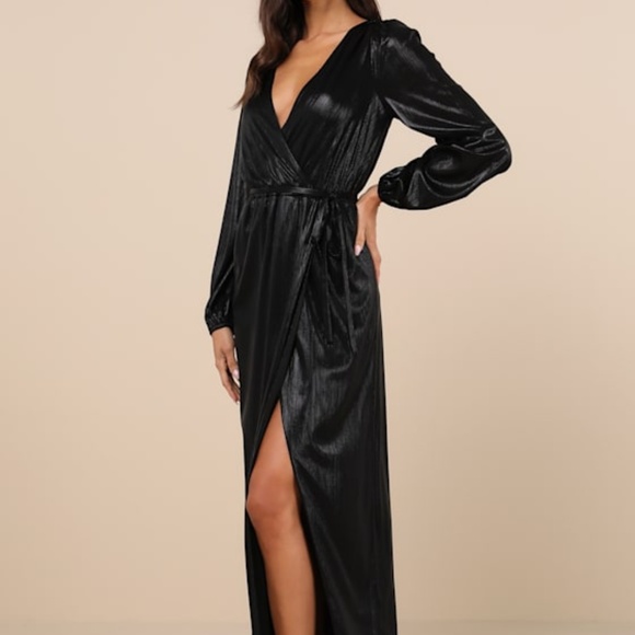Lulus Extra Aesthetic Black Shiny Long Sleeve Surplice Maxi Dress - Size L - Picture 1 of 1